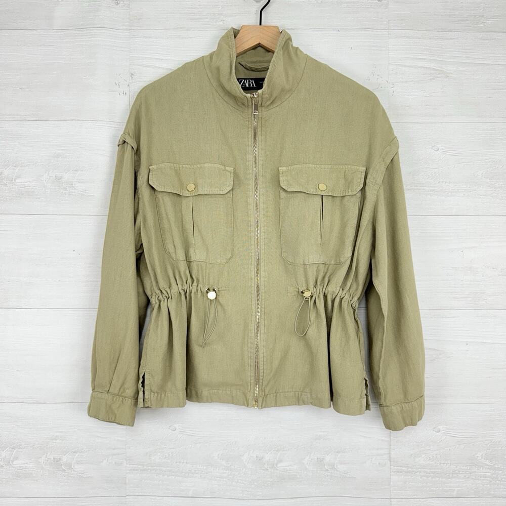 Zara Utility Jacket Women XS Green Lightweight Cargo Pockets‎ Linen Blend Safari